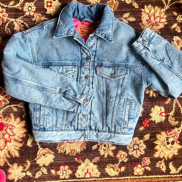 NWT Levi’s stone wash trucker denim bomber jacket w/red quilted lining • size XS - Picture 1 of 16